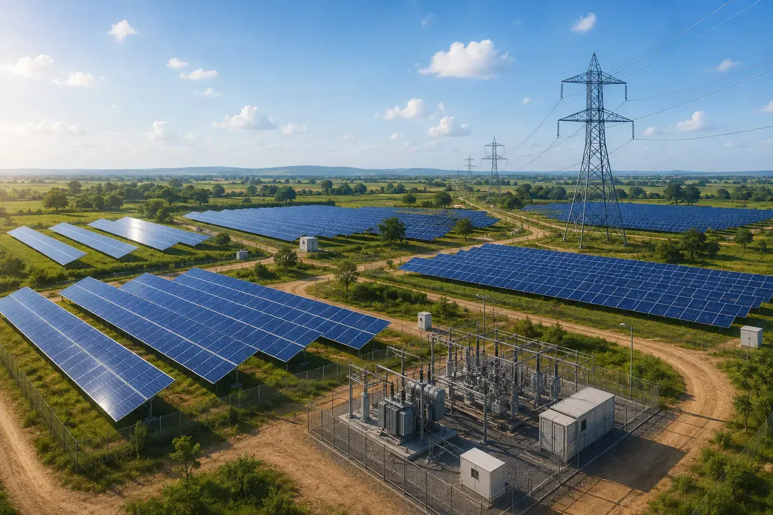 Rows of ground-mounted solar panels beside a substation and transmission tower