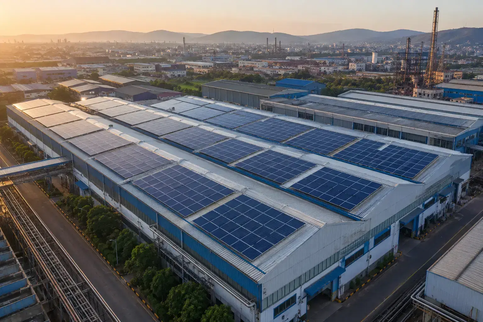 Solar panels covering the sawtooth roof of an industrial plant at sunrise