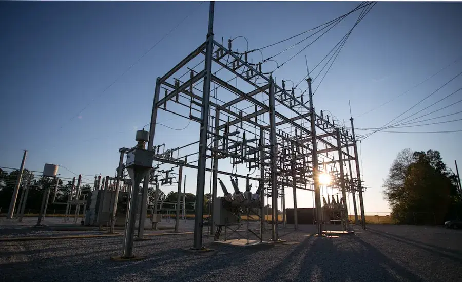 High-voltage pooling substation with transformers and gantries