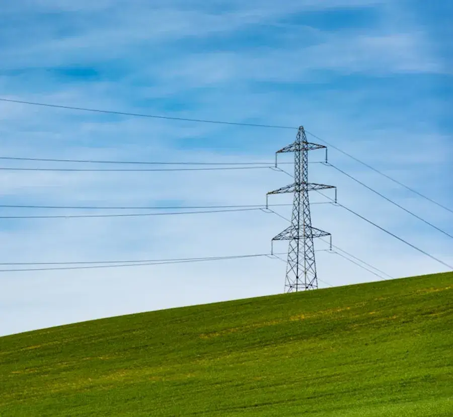 Transmission tower carrying evacuation lines across open farmland