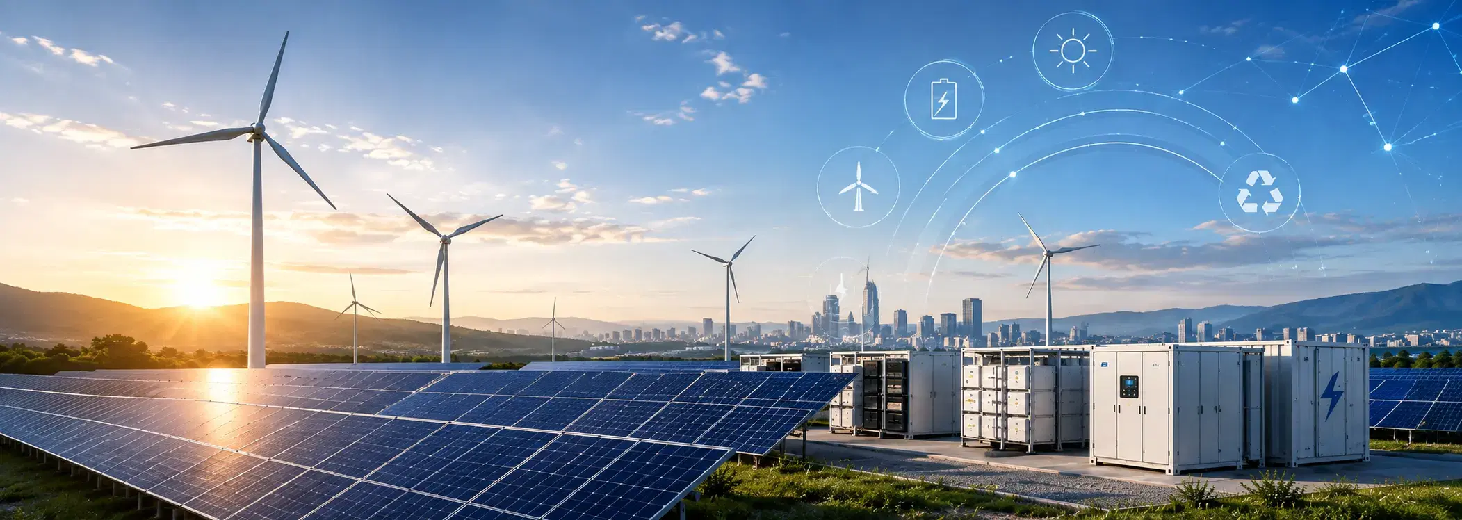 Solar array, wind turbines and battery storage containers at sunrise outside a city